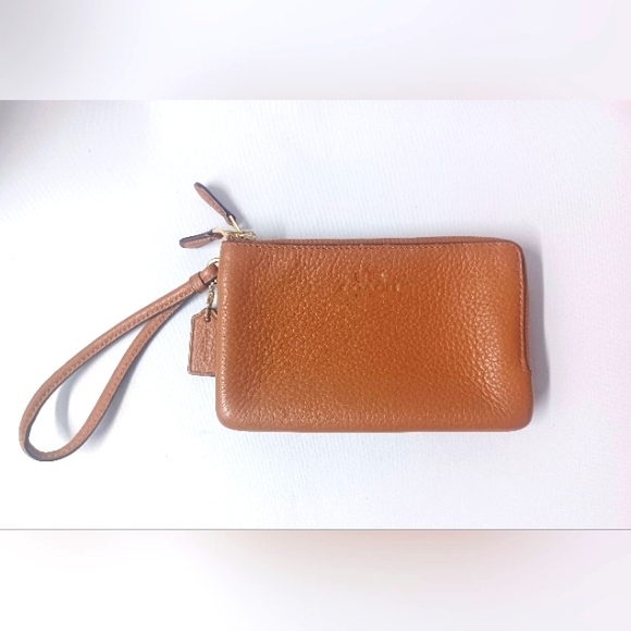 Coach Handbags - Coach Double Zip Wristlet Wallet Caramel Pebbled Leather EUC w/Dustbag